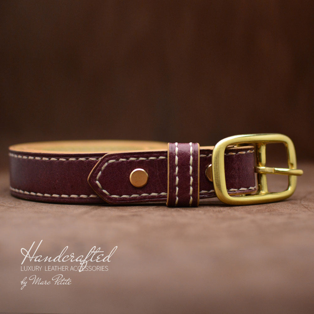 High-end Burgundy Leather Belt with Brass Buckle