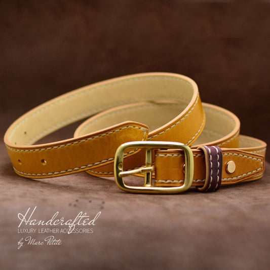 Handmade Yellow Mustard Leather Belt with Brass Buckle & Middle Leather Burgundy Stud