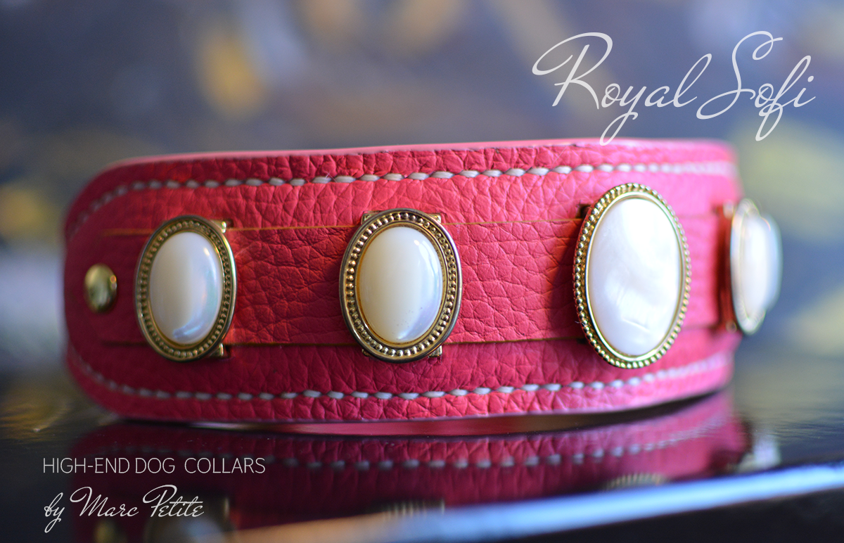 Royal Dog Collar & Leash in Pink Leather & Nacar 