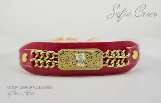 Pink, Roayl style Dog Collar & Leash in Croco leather