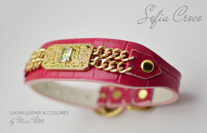 Pink, Roayl style Dog Collar & Leash in Croco leather