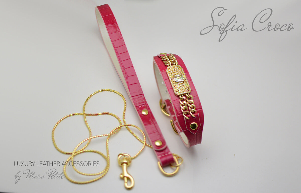 Pink, Roayl style Dog Collar & Leash in Croco leather