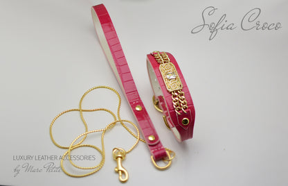 Pink, Roayl style Dog Collar & Leash in Croco leather