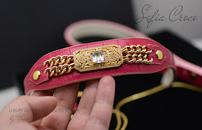 Pink, Roayl style Dog Collar & Leash in Croco leather