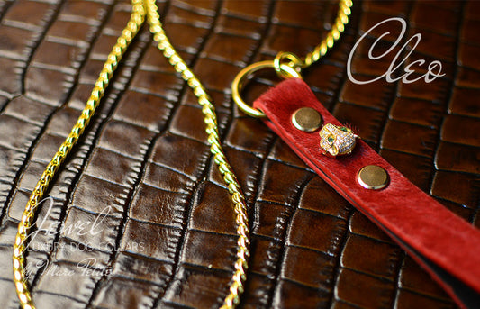 Luxury Dog Show Leash Red Fur Leather & Gold Plated Panthere & Snake Chain